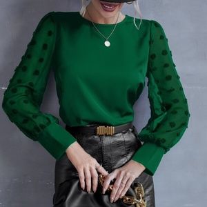 Green Swiss Dot Sheer Sleeve Chic Blouse Work Minimalist